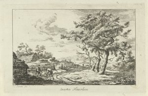 Cazadores con un perro en un sendero Buyten Haarlem (título sobre el objeto) Paisajes (a-f) (título de la serie)