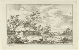 Hombre con un rastrillo en un granero Paisajes (A-F) (título de la serie) de Carel Lodewijk Hansen