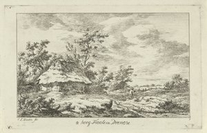 Hombre con un rastrillo en un granero Demasiado alto Haale en Drenthe (título sobre objeto) Paisajes (A-F) (título de la serie) de Carel Lodewijk Hansen