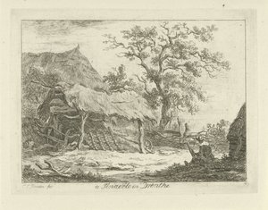 Figura sentada junto a un granero Te Tinaerlo en Drenthe (título sobre objeto) Paisajes (1-6) (título de la serie) de Carel Lodewijk Hansen