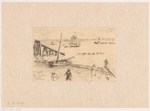 Vista del Elba en Altona, con barcos de pesca y bañistas de Carel Nicolaas Storm van 