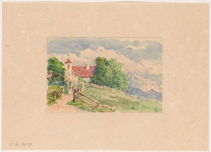 Oberbozen, una estrecha carretera conduce a una pequeña iglesia en la ladera de una montaña de Carel Nicolaas Storm van 