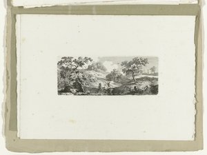 Viajeros junto a un arroyo en un paisaje de colinas
Dieciséis paisajes (título de la serie) de Carl August Lebschee