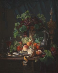 Bodegón con copa de vino, ostras, limón y otras frutas de Carl Balsgaard