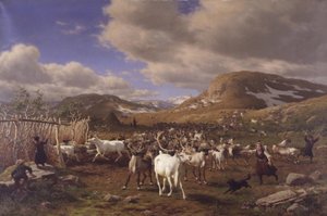 Una manada de renos llevada al lugar de ordeño. Motivo de las montañas altas al norte de Røros de Carl Bøgh