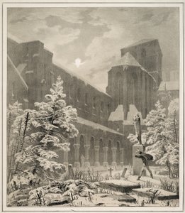 Iglesia y cementerio en la nieve a la luz de la luna de Carl Blechen
