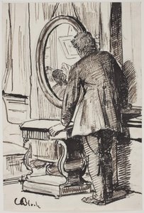 Un joven observa a tres mujeres en un espejo de Carl Bloch