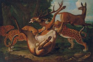 Leopardos atacando ciervos en un paisaje de Carl Borromaus Andreas Ruthart