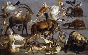 Estudios de un ciervo rojo, un íbice, un jabalí, tres lobos, dos castores, dos liebres, un zorro, cuatro patos domésticos, dos avutardas, tres lechuzas, una tórtola, una avefría, un cascanueces, un ampelis, un porrón osculado, un pico negro, un grajo, un de Carl Borromaus Andreas Ruthart