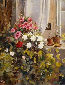 Azaleas, Geranios, Rosas y otras Plantas en Macetas junto a una Ventana de Carl Christian Carlsen