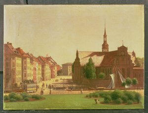 La Plaza del Palacio y Holmens Kirke, desde una ventana en el Castillo de Christiansborg, en Copenhague, 1866 de Carl Christian Constantin Hansen