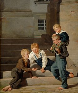 Niños jugando a los dados frente al Castillo de Christiansborg, Copenhague, 1834 de Carl Christian Constantin Hansen