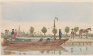 Barcaza de remolque, 1824 Een hollandsche trek or Jaagschuit / Une barque de tracte, servante au transport de voyageurs et marchandises en hollande (título sobre el objeto) de Carl Cristiaan Fuchs