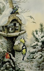 Mesa de aves invernal con herrerillos, carboneros, gorriones y un petirrojo de Carl Donner