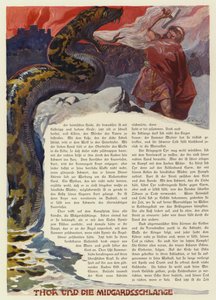 Thor luchando contra la Serpiente de Midgard en la batalla del Ragnarok (litografía en color)
