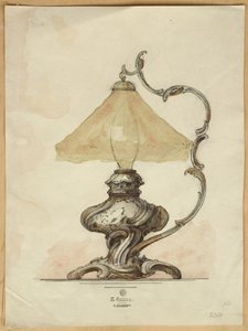 Dibujo de una lámpara de mesa de plata con un cuerpo acanalado retorcido en estilo rococó, Casa de Carl Fabergé de Carl Fabergé