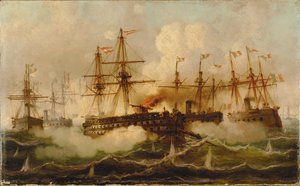 Batalla naval cerca de Lissa ... (pintura sobre lienzo) de Carl Frederik Sørensen
