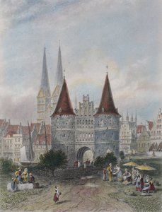 Puerta de Holsten en Lubeck, grabado por John Godfrey de Carl Friedrich Heinrich Werner