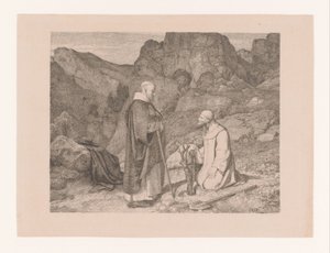Dos monjes cerca de un árbol podado en un paisaje de montaña de Carl Friedrich Lessing