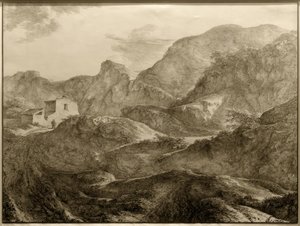 Paisaje montañoso, a la izquierda una casa con un caminante delante