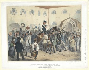 Proclamación de la Constitución en el lugar de reunión de la Guardia Nacional en la Freihaus (Casa Libre) en el Wieden el 15 de marzo de 1848 (litografía coloreada)