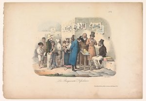 Puesto de un librero en Nápoles
Le bouquiniste Napolitain (título en el objeto)
Escenas de género en Nápoles (título de la serie)
Scènes populaires de Naples en douze Tableaux (título de la serie) de Carl Gustaf Hjalmar Mörner