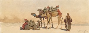 Descansando con tres camellos en el desierto, 1859