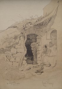 Tres figuras sentadas fuera de una casa, Nazaret, 1859 de Carl Haag
