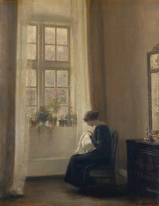 Una niña cosiendo en un interior de Carl Holsoe