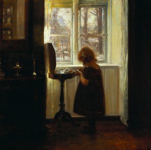 Una niña de pie junto a una mesa de costura de Carl Holsoe