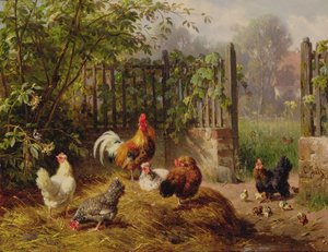 Gallo con gallinas y pollitos de Carl Jutz