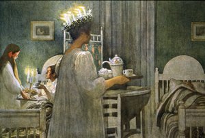 joven con corona de velas en el pelo durante el día de Santa Lucía, Ilustración 1916 de Carl Larsson