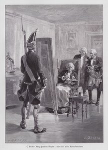 El rey Federico Guillermo I de Prusia pintando a un granadero de su Guardia Gigante de Potsdam (grabado) de Carl Ludwig Friedrich (after) Becker