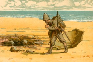 Robinson Crusoe ve la playa llena de cráneos y huesos humanos