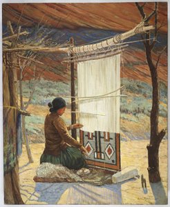 Navaho Weaver, Canyon de Chelly, Navaho Reserve (óleo sobre lienzo montado en panel) de Carl Moon