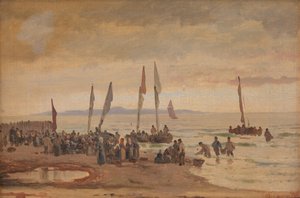 Pescadores regresando recibidos en la playa de Hornbæk de Carl Neumann