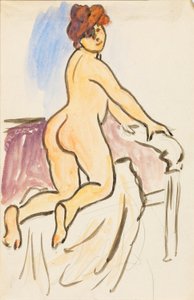 Mujer desnuda descansando de rodillas en la cama de Carl Newman