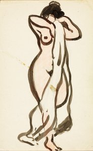 Desnudo femenino de pie con drapeado