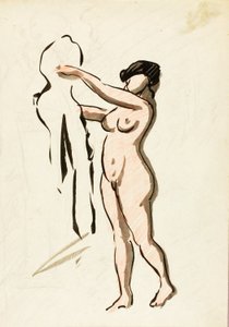Desnudo femenino de pie con drapeado