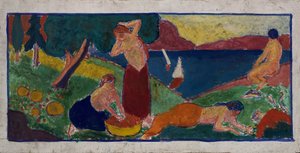 Mujeres en paisaje con borde azul de Carl Newman