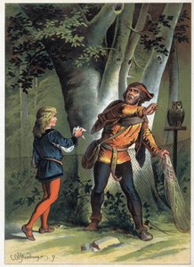 Botón de Oro, perdido durante 7 días en el bosque, se atrapó en el timón de un pájaro que lo contrató para atrapar a los pájaros. Ilustración de Carl Offterdinger en 