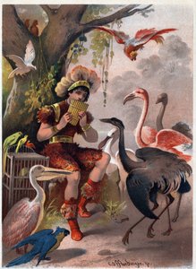 Papageno con una flauta de pan trae los pájaros del bosque. Ilustración de Carl Offterdinger (1829-1889) en “La flauta mágica” (Die Zauberflöte, flauto magico, The Magic Flute). Colección privada