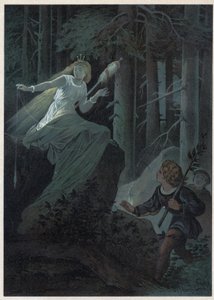 El hada huyendo con un huso dorado cantaba el destino de un botón dorado. Ilustración de Carl Offterdinger (1829-1889) en “Bouton d