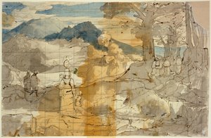 Landschaft bei Rocca Canterano mit einer Frau mit Kindern, Hirten und Pilgern de Carl Philipp Fohr
