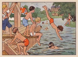 Natación y salto de trampolín masculino (litografía en color) de Carl Robert Arthur Thiele