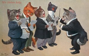Postal humorística de gatos (litografía en color)