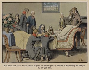 El rey Federico Guillermo III de Prusia y sus dos hijos mayores junto al lecho de muerte de la reina Luisa en la mañana del 19 de julio de 1810 de Carl Röchling