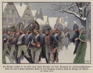El resto del ejército prusiano desfilando ante el Rey Federico Guillermo III y la Reina Luisa por las calles de Memel de Carl Röchling