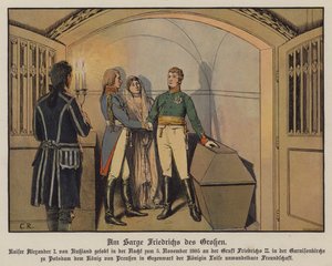 El zar Alejandro I de Rusia visitando la tumba de Federico el Grande en Potsdam con el rey Federico Guillermo III y la reina Luisa de Prusia y jurando su amistad inquebrantable, 5 de noviembre de 1805