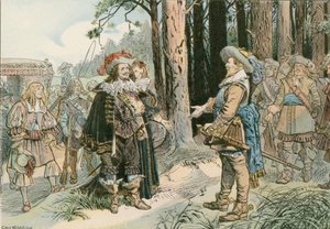 George William encontrándose con Gustavo Adolfo de Suecia en Kopenick en 1631 de Carl Rohling